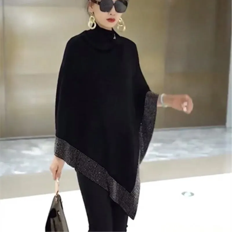 New Autumn Fashion Winter Diamonds Knit Shawl Cloak Loose Plus Size Solid Woman Poncho Cape Pullover Sweater Black