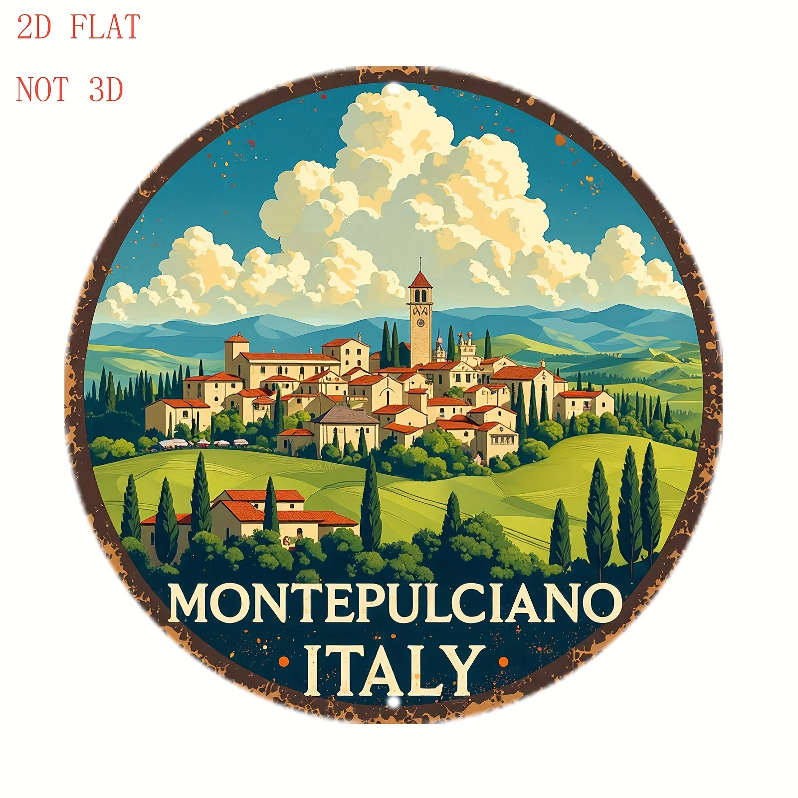 2D Flat, 2D Plane - 1 X 8-inch Round Aluminum Wall Sign, Depicting an Italian Landscape with Hills and Clouds, Perfect for Rusti