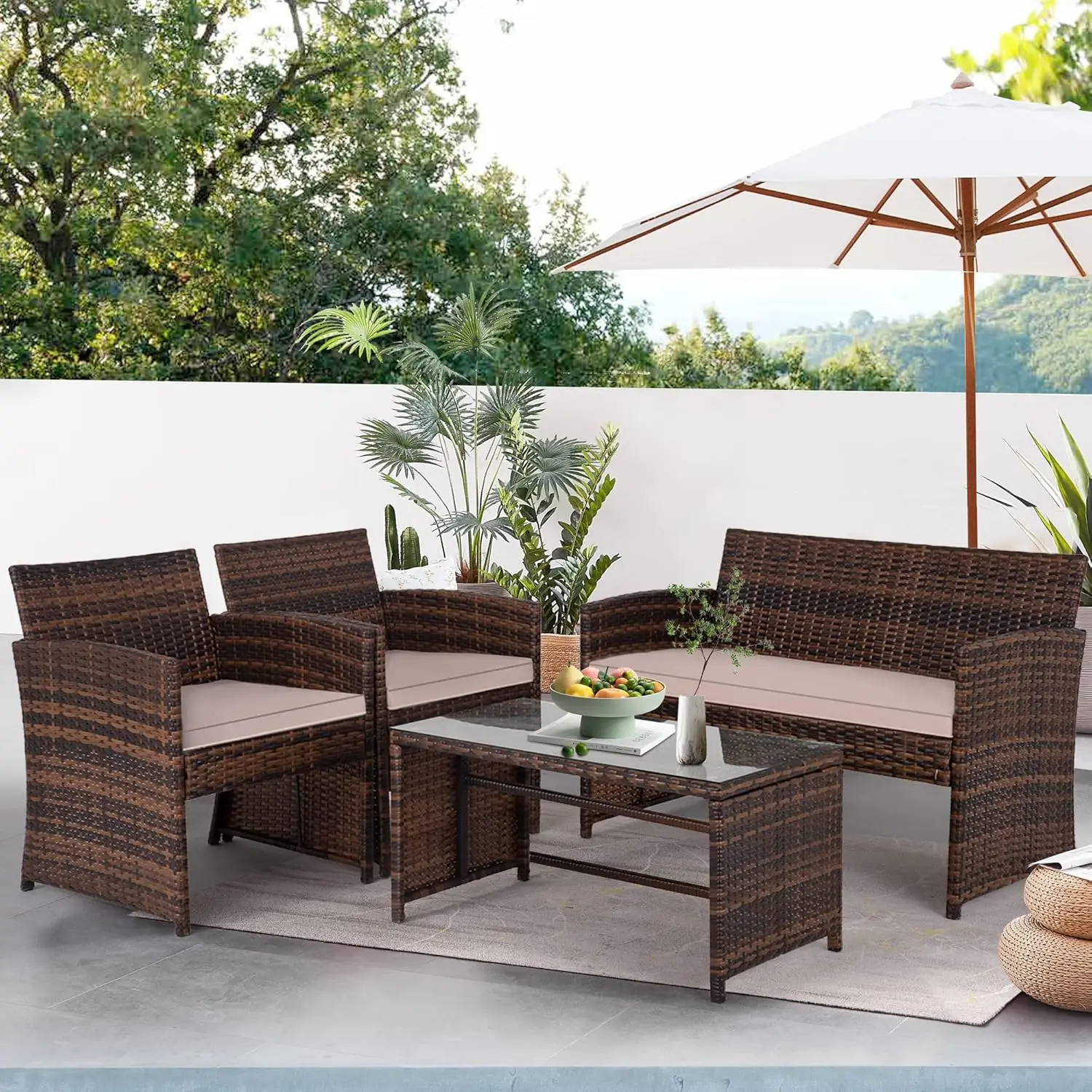 4 Stuks Buiten Terrasmeubels Set Rotan Stoel Patio Set Rieten Conversatie Set Zwembad Gazon Tuinmeubilair