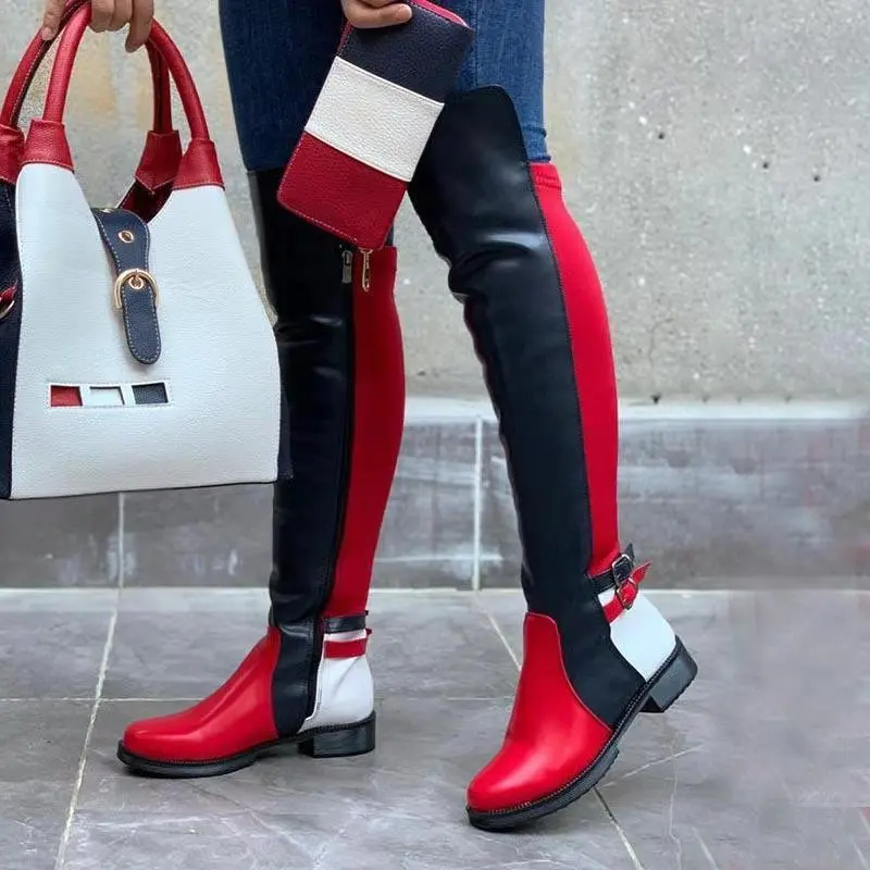 

Mixed Colors Fashion Women's Boots Round Toe Side Zipper Belt Buckle Long Boots Over The Knee Boots Low Heels Casual Women Shoes