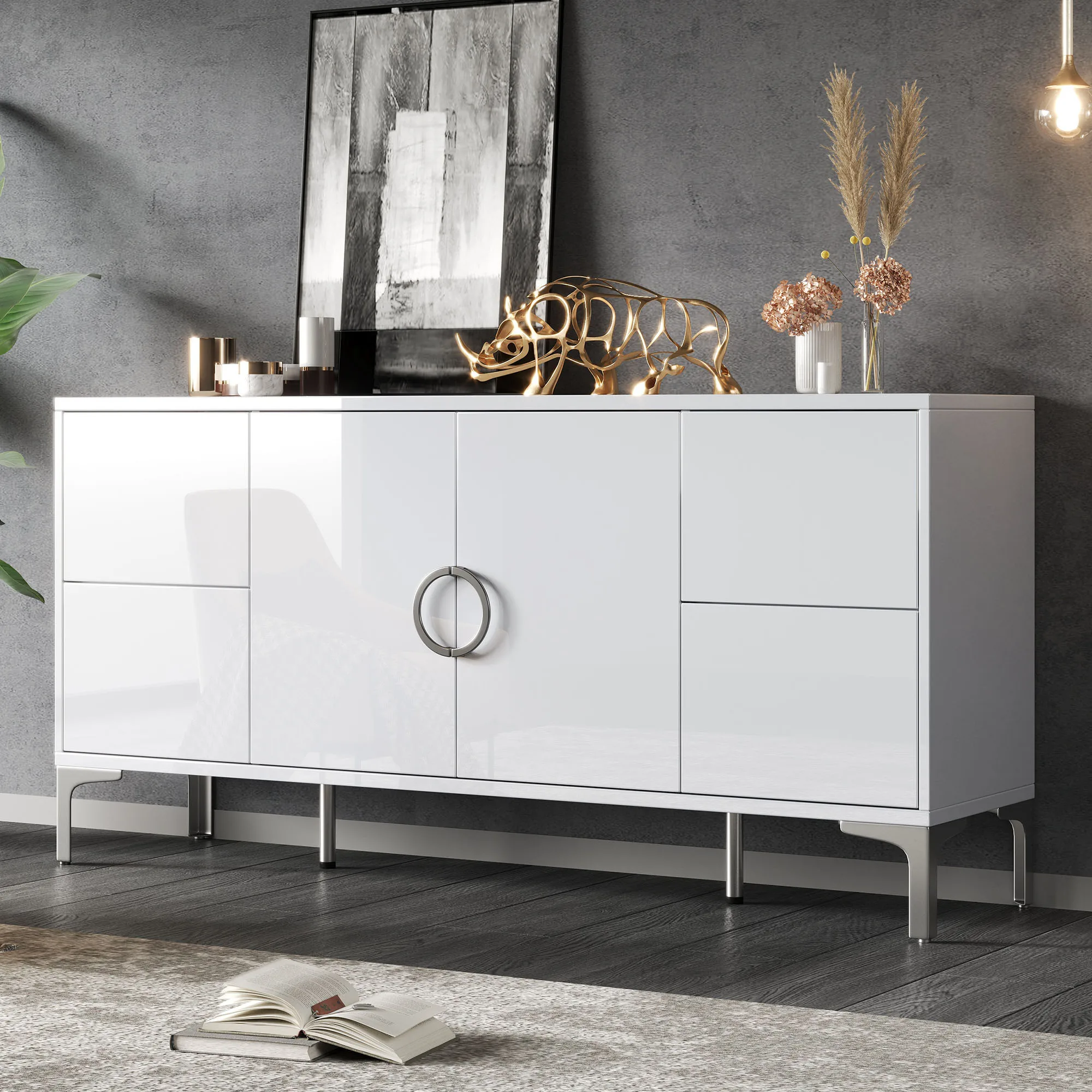 Cassettiera moderna, mobile contenitore, credenza da soggiorno con 4 cassetti, 2 ante, credenza lucida 150*38*59.5cm