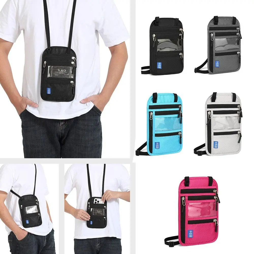 RFID Blocking RFID Passport Bag Waterproof Anti-theft Neck Wallet with Adjustable Neck Strap Multi-Pockets Passport Document Bag