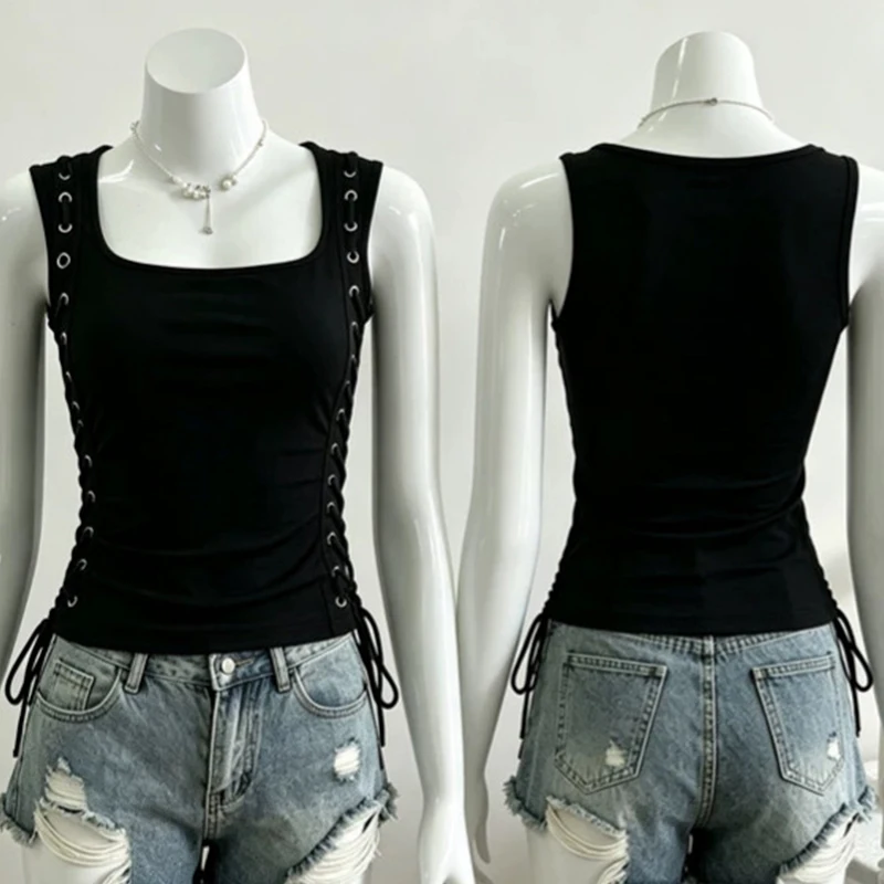 New Hot Girl Slim-Fit Sexy Pure Desire Sleeveless Camisole Women's All-Matching Outer Wear Slimming Lace up Top Y2k Style