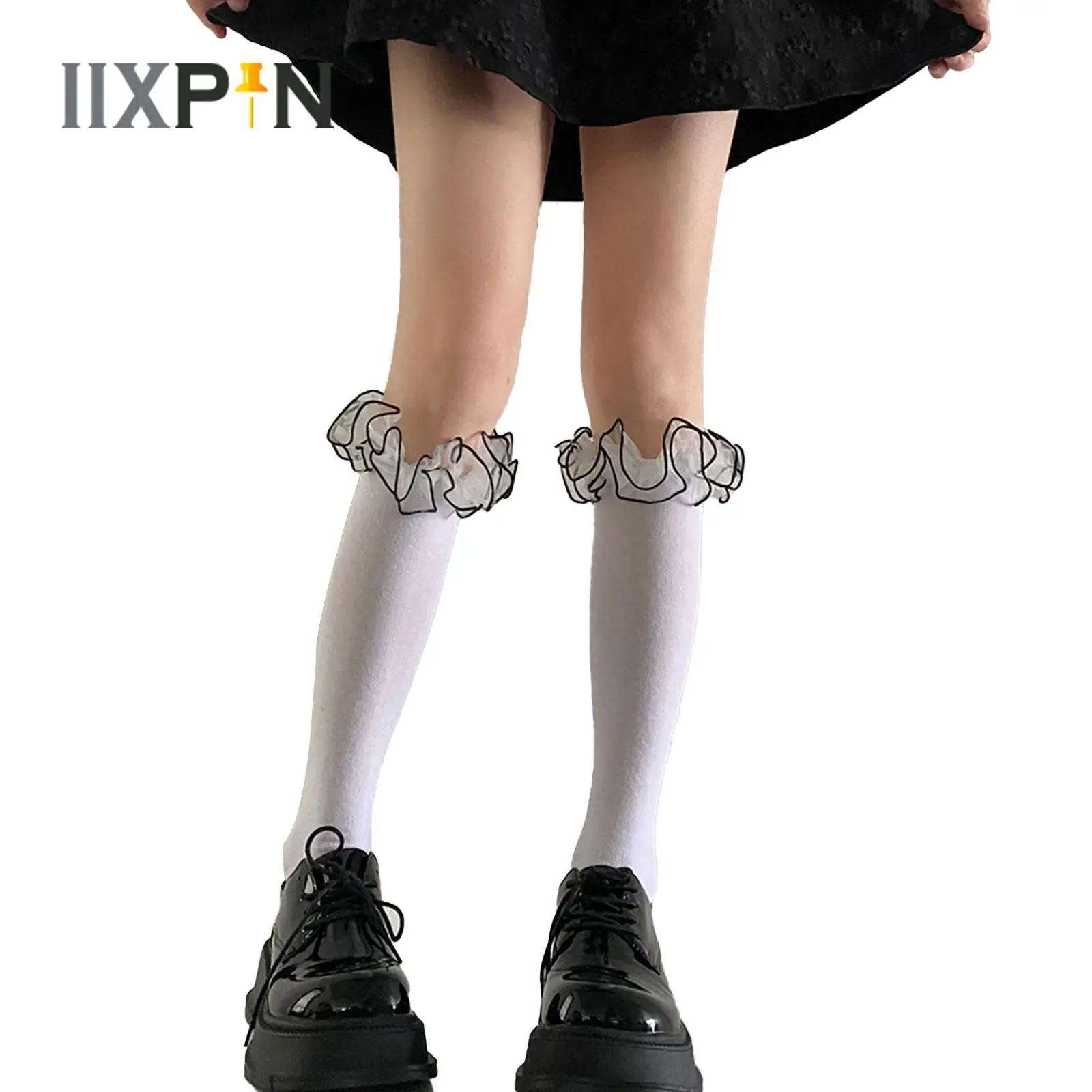 

Black White Lolita Knee High Socks Womens Girls Organza Tiered Ruffle Frilly Elastic Breathable Socks Fashion Cosplay Stockings