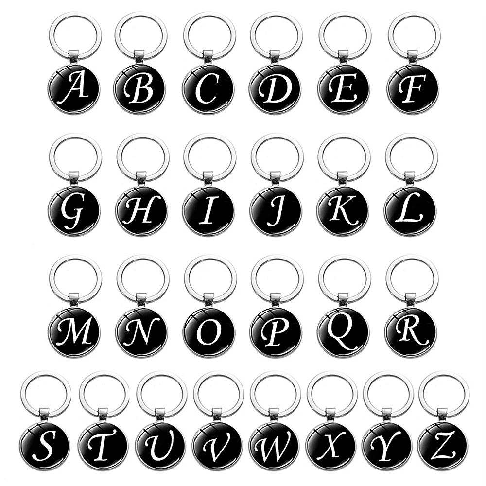 A-Z Initial Name Keychain For Women Man 26 English Letters Glass Round Charm Key Ring Bag Ornament Car Key Chain Accessories