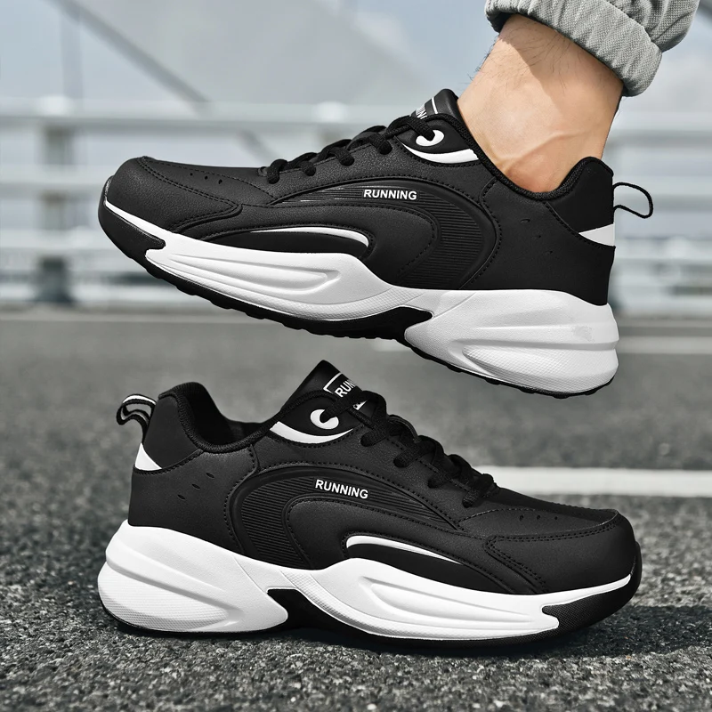 

New Men's Casual Sports Shoes with Round Toe Color Matching Lace-up Soft Sole Spring and Summer Leather Mesh Running Shoes