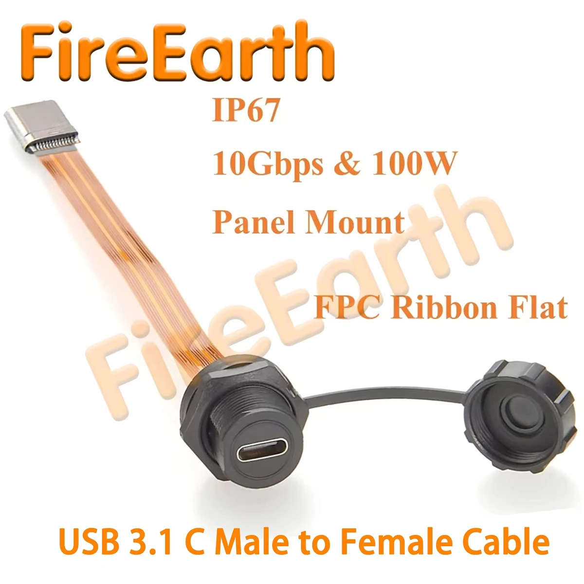 IP67 USB 3.1 Type-C Male to Female Extension Cable 10Gbps Flush Panel Mount FPC Ribbon Flat Slim Connector with Dust Cover 0.2m