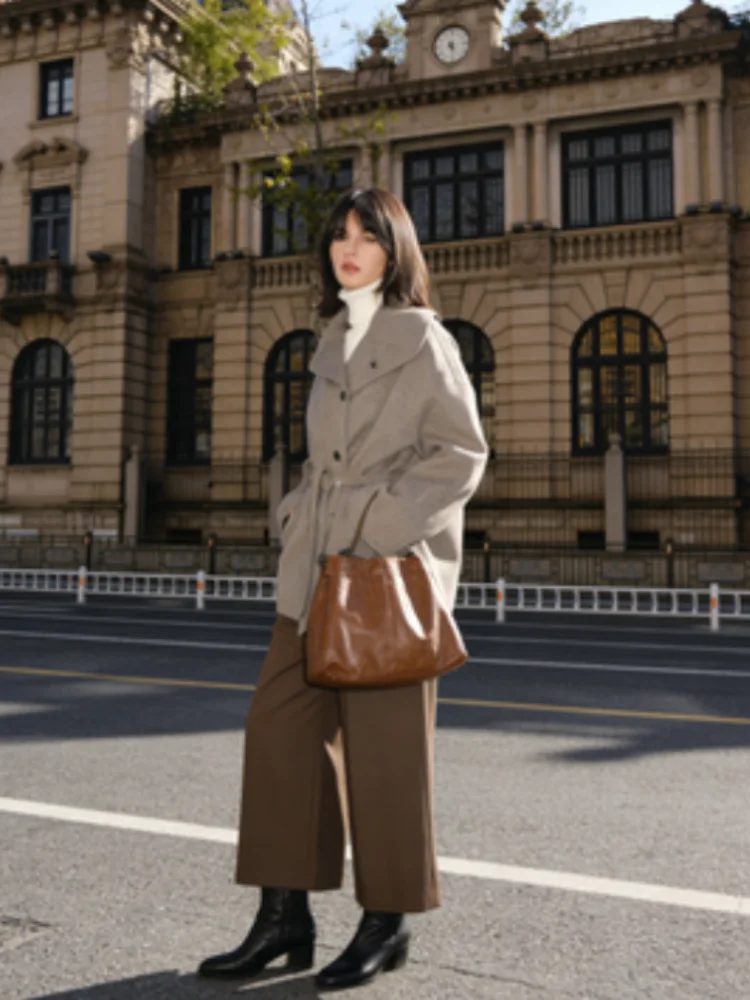 Manteau en laine pour femmes, couleur unie, manches longues, simple boutonnage, veste à lacets, nouvelle collection printemps automne 2026, vêtements d'extérieur quotidiens