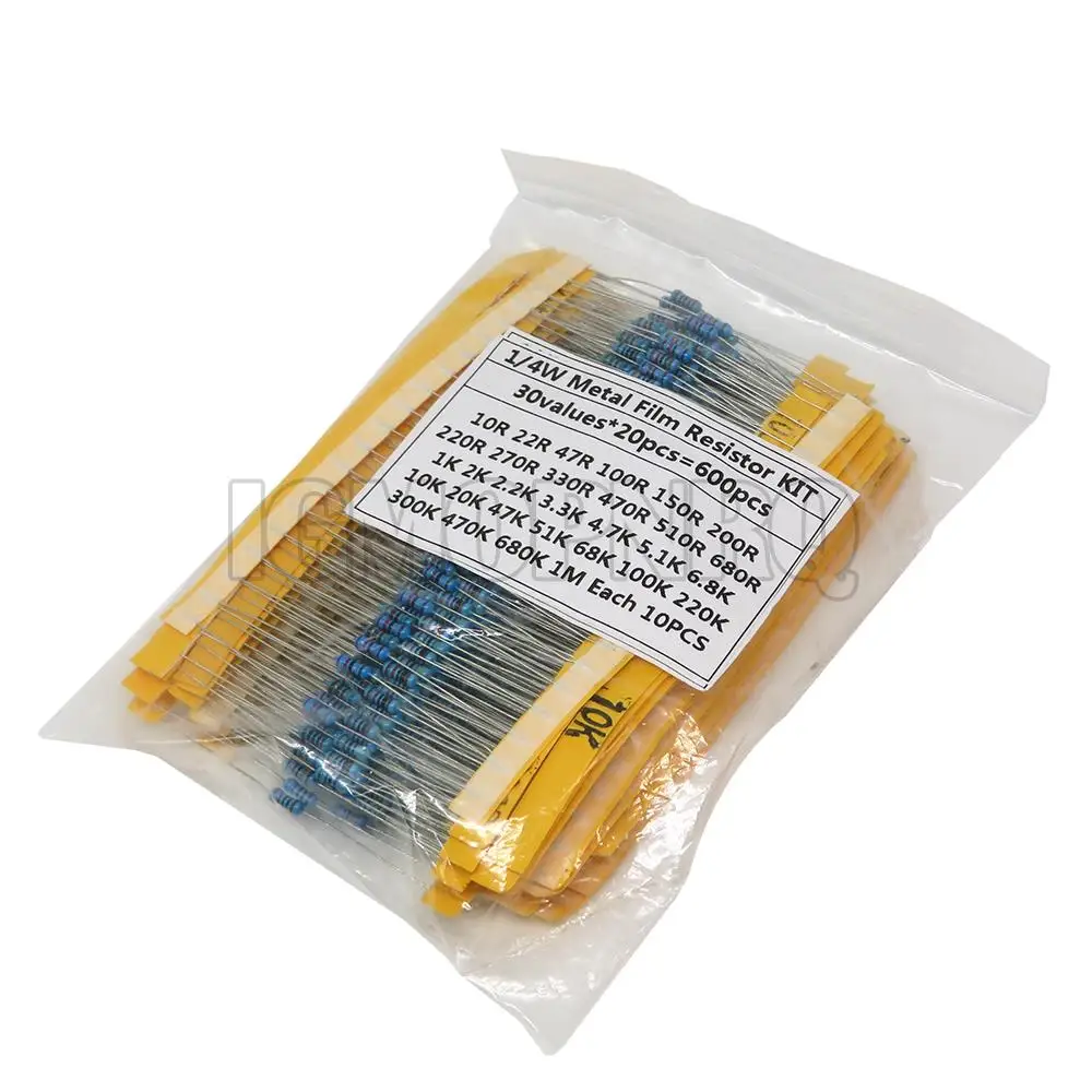 600 pz/set 30 tipi 1/4W resistenza 1% resistore a Film metallico Kit assortito 220ohm 470R 1K 10K 20K 100K 1M resistori 300 pz/set