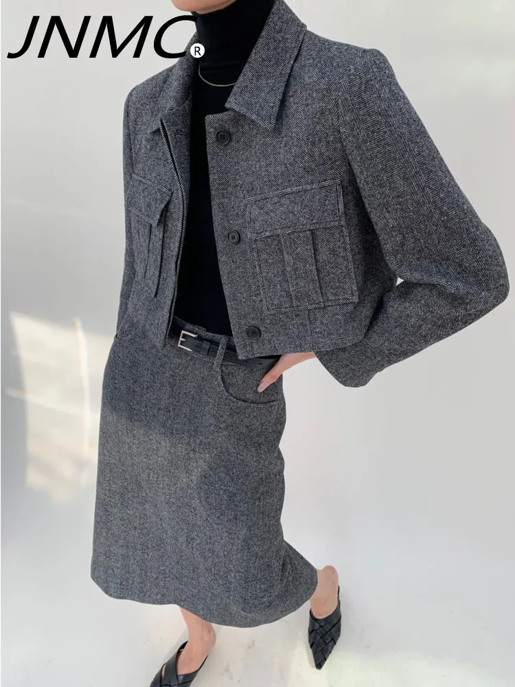 

JNMC Women Plain Color Minimalist Temperament High-grade Woolen Suit Jacket Straight Tube Half Skirt Suit Female Two-piece Set