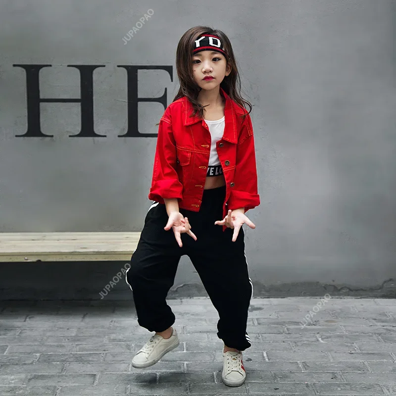 Ropa de baile de Jazz de Hip-hop para niños, traje de pantalón de espectáculo, trajes de escenario k-pop, ropa de baile urbano para niñas, trajes rojos, negros y blancos de 3 uds.