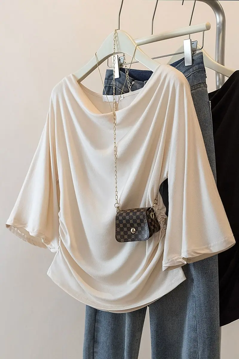 

Summer Clothing Single-shoulder Swinging Neck Short-sleeved T-shirt for Women Slim Top JJ69