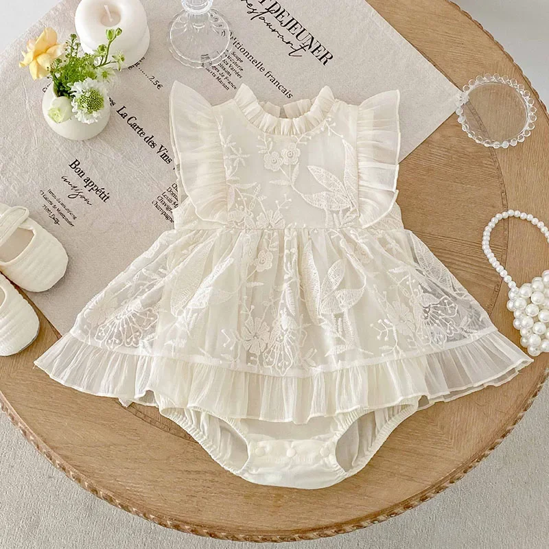 2025 New Summer Infant Baby Girls Bodysuits Sleeveless Cotton Mesh Splicing Toddler Baby Girls Jumpsuit 0-24M Children Clothes