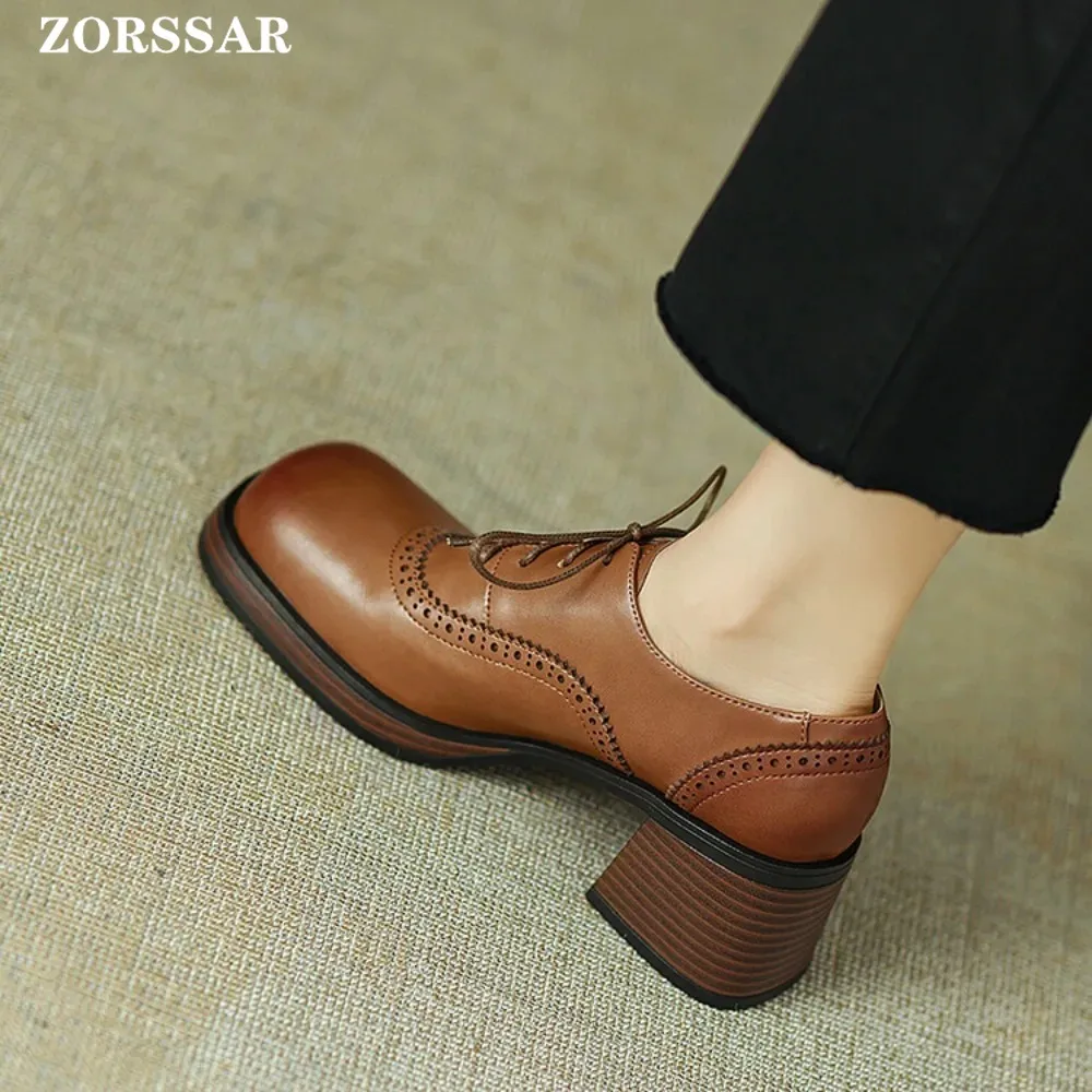 Retro Style Brown Leather Shoes For Women Oxford Square Toe Shoes Square Heel Outdoor Leisure Walking Sneaker Footweight Diaily