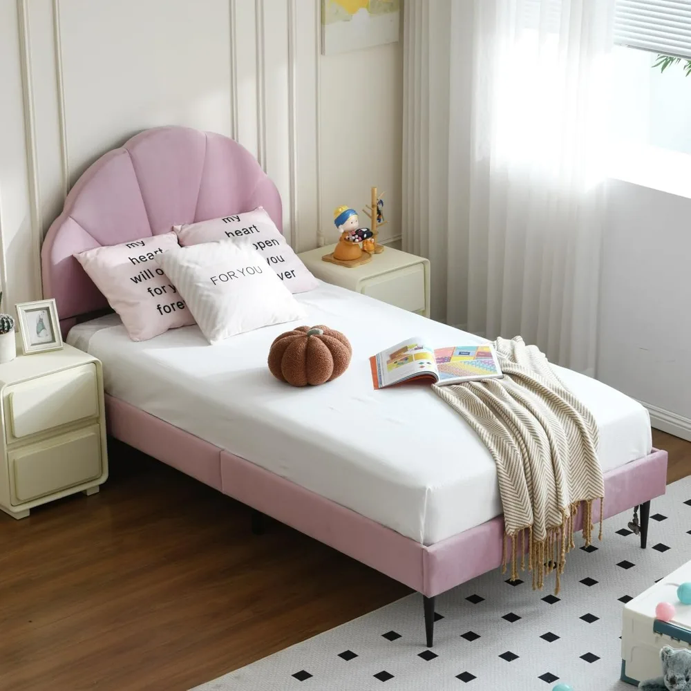 Pink Bed Frame Twin Size for Girls with Unique Flower Headboard, Soft Seashell Tufted Upholstered Bed, Cute Velvet Platform Bed