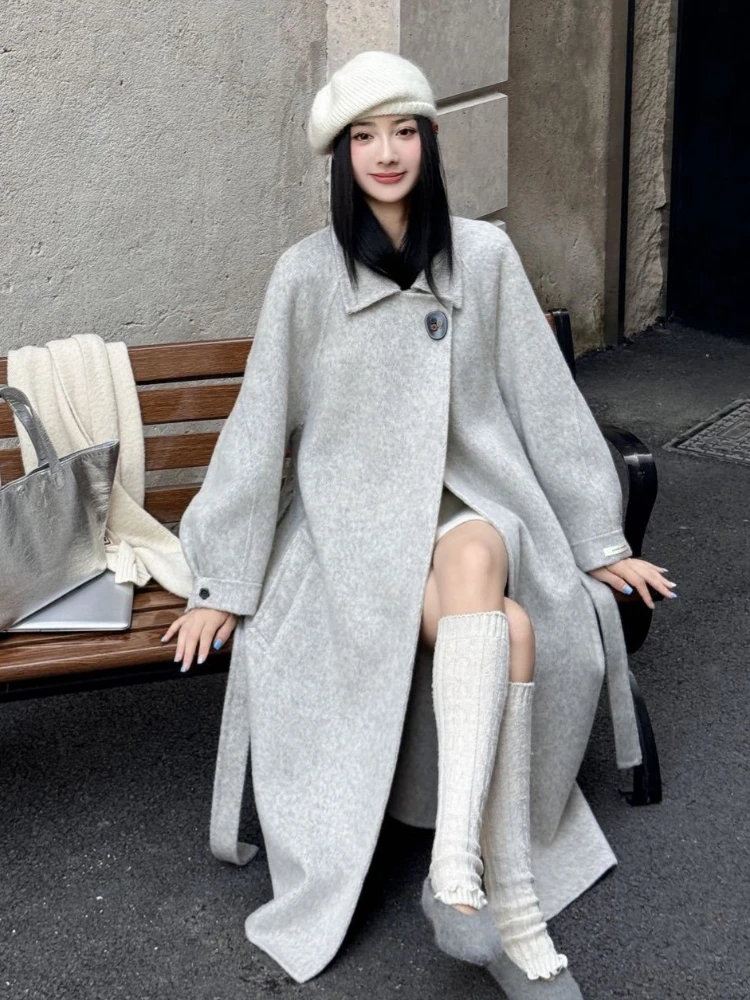 Korean Long Woolen Coat Women Fashion High-Quality Double-Sided Wool Jacket Fall/Winter 2025 New Lapel Lace Up Outerwear Parkas