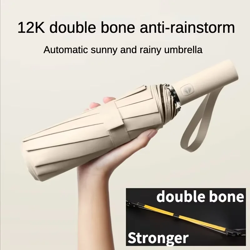 12 Bone Black Glue Fully Automatic Umbrella - Thick Durable Three-Fold UV Resistant Folding Design for Protection And Style
