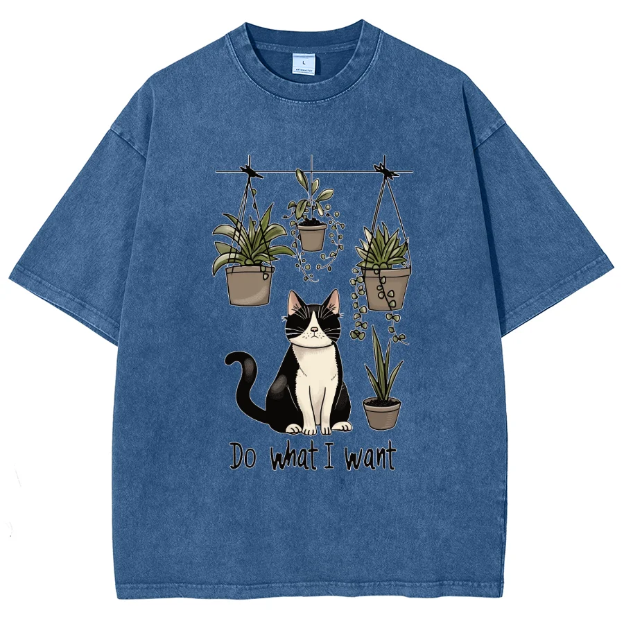 Black Cute Cat Cartoon Print Women's T-Shirt Oversized Loose Wash Denim Cotton Short Sleeve Casual Fashion Girly Top Y2k