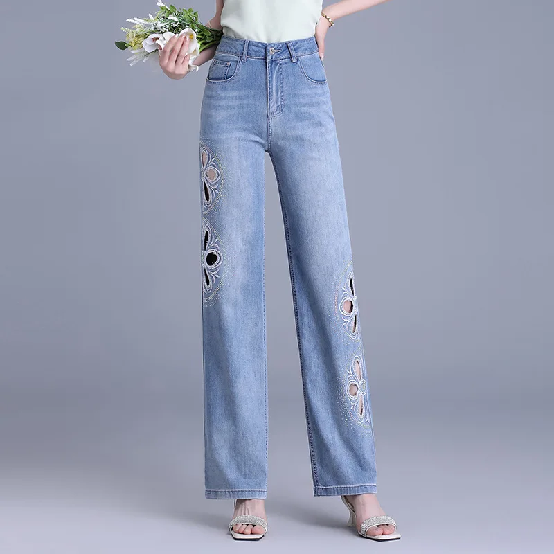 

National Style Embroidered Denim Straight Pants for Women, Thin High Waist Slimming Draped Ripped Rhinestone Wide Leg Pants