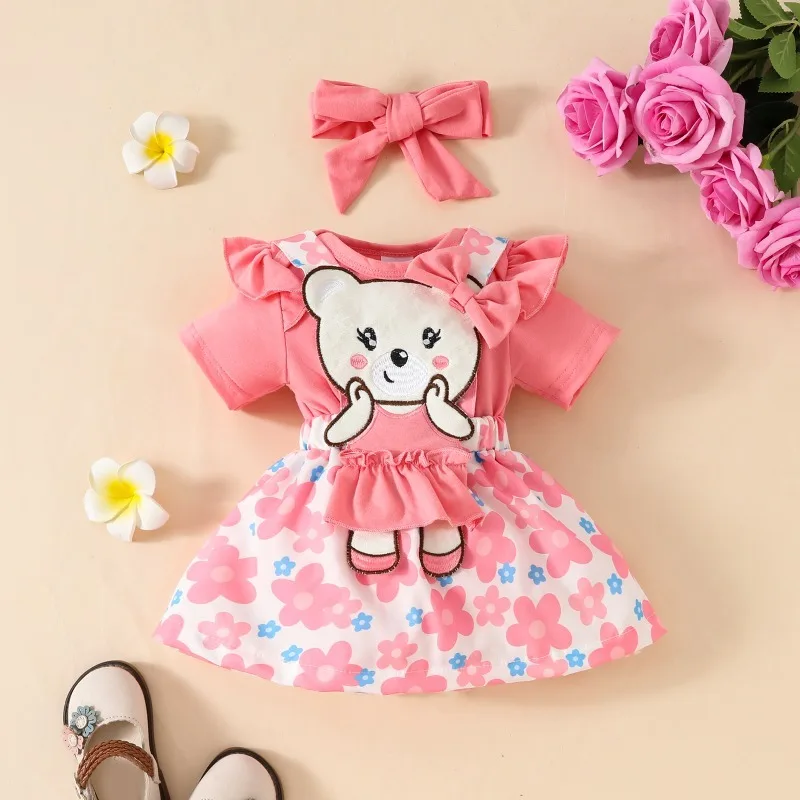 New Summer Baby Girl Sets Cute Short Sleeved Bodysuit+Butterfly Bow Flower Bear Suspender Skirt Children Outfits A3010