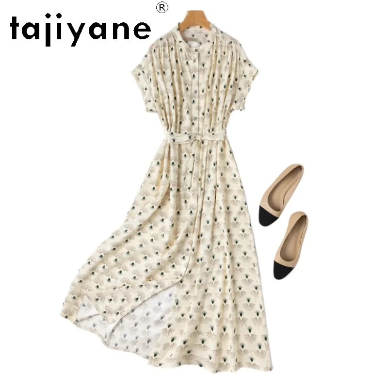 

TAJIYANE 93% Mulberry Silk Summer Dress Woman 2025 Elegant Beige Long Dresses Party Shirt Frock Women Clothing платье женское