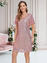 V-neck Short Sleeve Prom Dress Women's Mini Sequins Party Dress Shinning A-line Loose dress