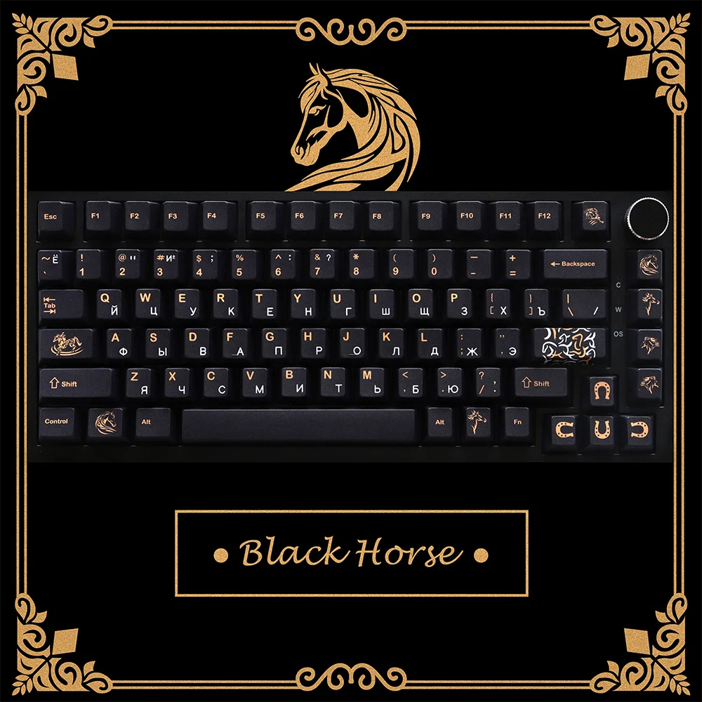 Ru Black Horse Keycaps Sublimation 130 Keys Cherry Profile Keycaps for 61/64/68/87/104/108 Mx Switch Mechanical Keyboard