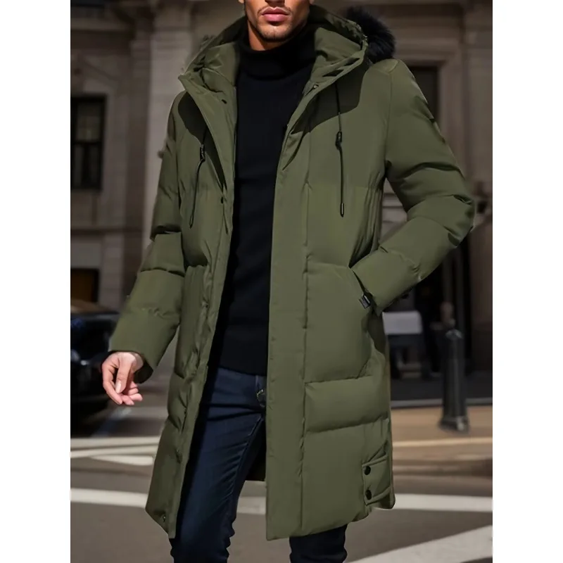 2023 Warm Hooded Mid-length Jacket Mens Casual Zip Up Cotton Padded Jacket Overcoat Autumn Winter Windbreaker Coats Men Clothing