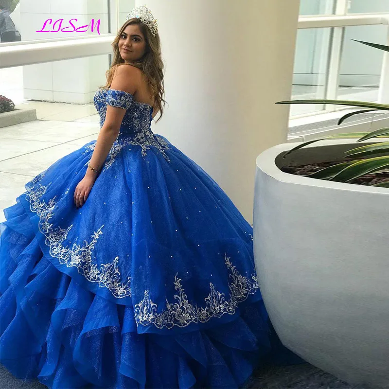 Gaun Pesta Dansa Biru Gaun Quinceanera Gaun Applique Ruffle Punggung Berenda Bahu Terbuka Gaun Pesta Prom Formal Panjang