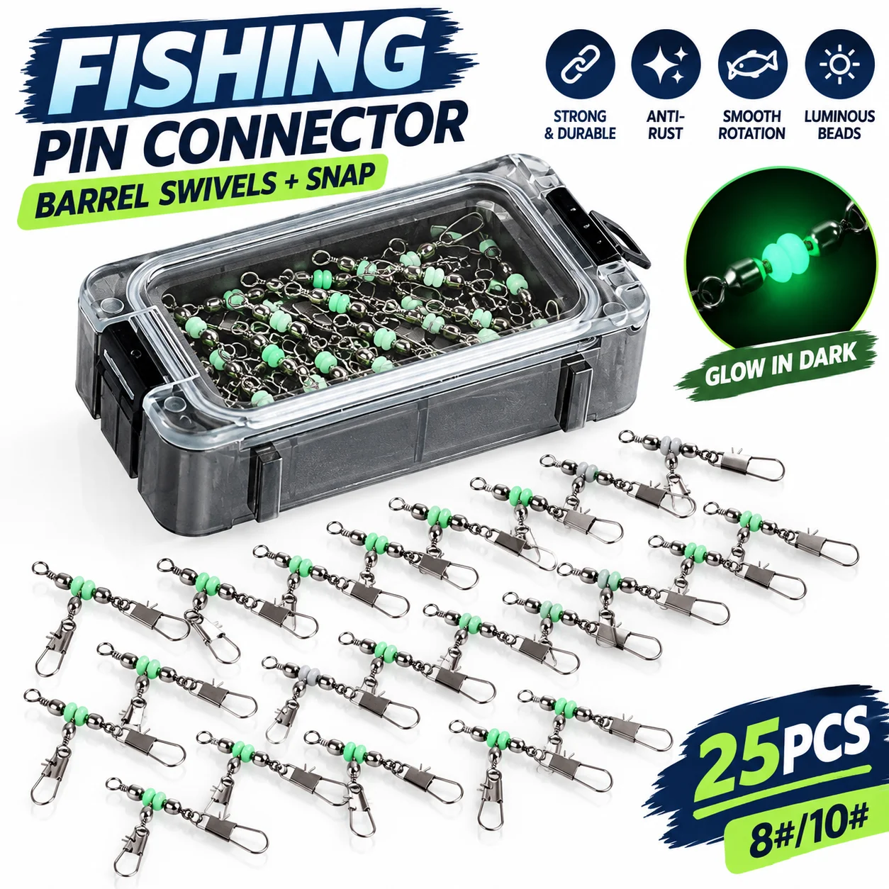 8 # /10 # 25 peças de conectores de pesca luminosos, giradores de barril, iscas de lula, iscas artificiais duras com engate rápido, giradores de pesca com engate rápido, acessórios de pesca
