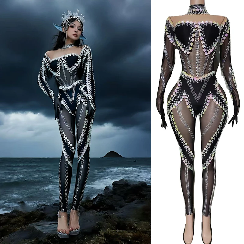 Diamant Mesh Perspektive Langarm Overall Nachtclub DJ Bar Sänger Frauen DS Gogo Tänzer Drag Queen Bühne Kostüme DN21615