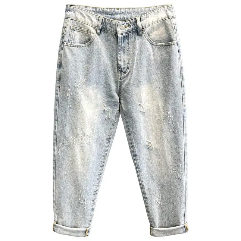 하이 엔드 레트로 스크래치 워시드 Ruffian Handsome Washed Ripped Jeans 남성 여름 얇은 테이퍼드 스몰 스트레이트 팬츠 헐렁한 옷