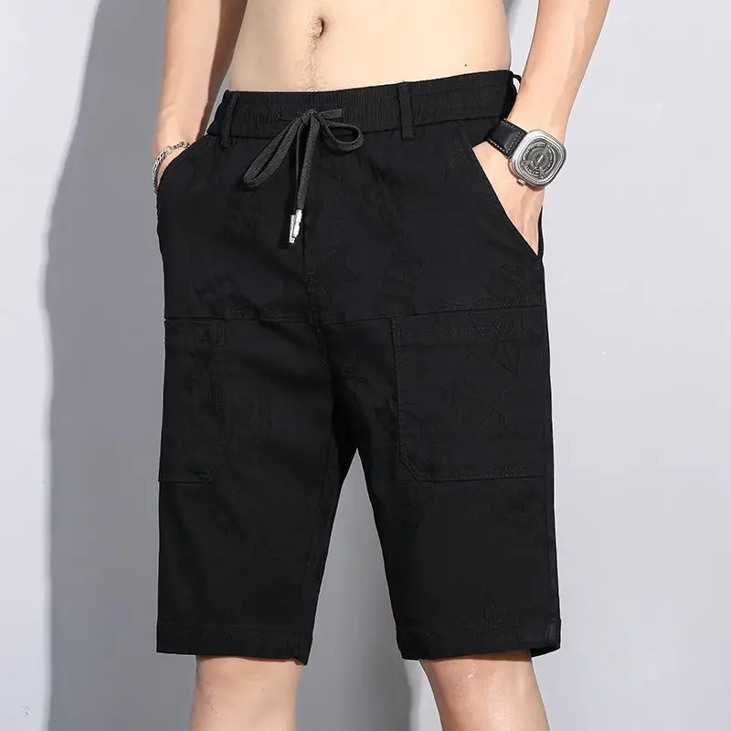 Summer England Men\'s Clothing Letter Geometric Printing Elastic High Waisted Pockets Drawstring Knee Pants Straight Cargo Shorts