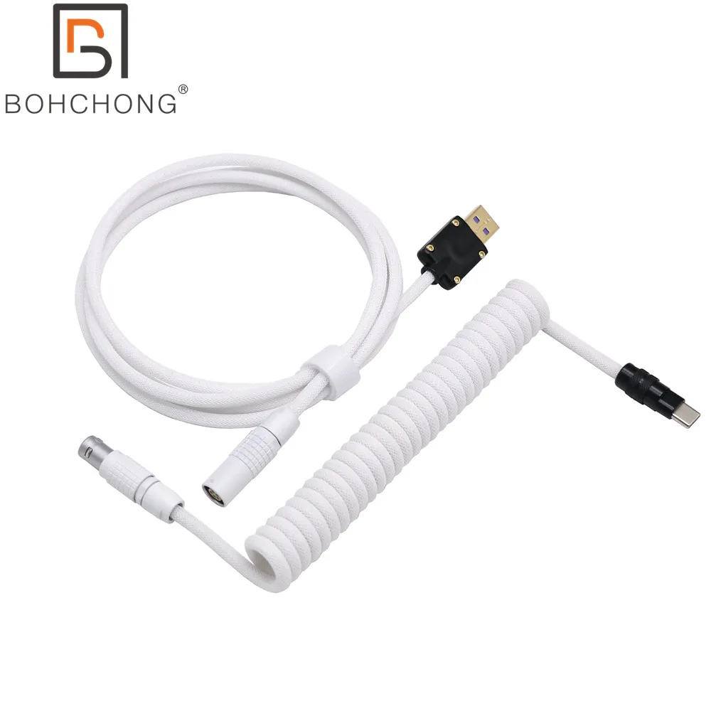 Black White 1B Gold Plated Metal Black USB Type-C Plug Mechanical Gaming Keyboard Coiled Cable Mini Micro L Sprial Spring Cable