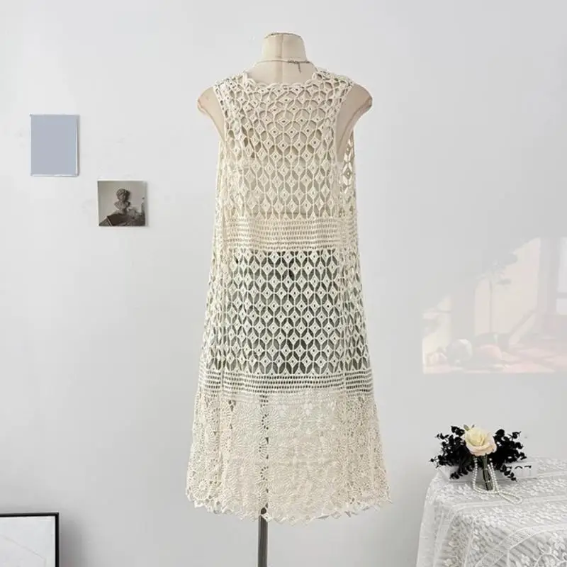 Stilvoller weiße Häkelspitzenstrickbluse Sommer Mesh Strick Bluse freundliche Stoff Ärmel Strandkleidung für Damen 6xda