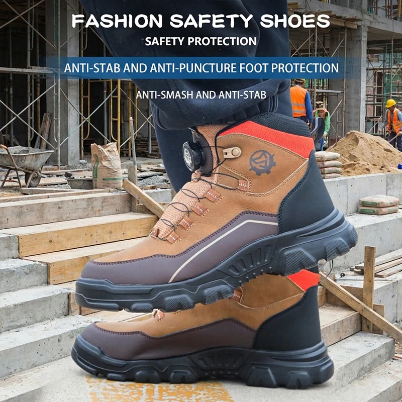 Professional Worker Protective High Top Safety shoes Rotary Knob Anti-smash Puncture Proof Steel Toe For All Work Sites