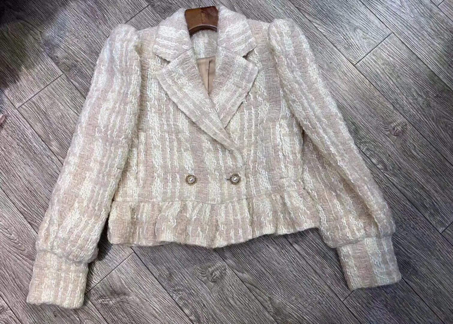 Dames parelknopen korte jas gekerfde kraag lange mouw ruches rand zoete dames wollen jas