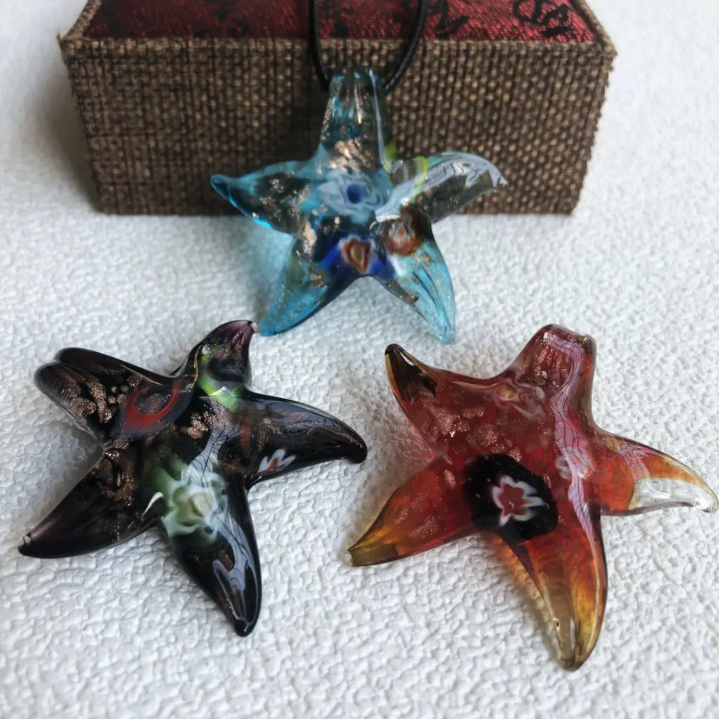 1pc Creative Painting Art Starfish Interior Flower Glass Pendant Necklace with Multiple Colors Available: Red, Blue, Purple, Dee