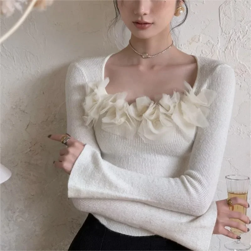 OCEANLOVE Y2k Autumn Winter Clothes Women Sweaters Flowers Solid Square Neck Retro Pullovers Korean Fashion Elegant Pull Femme