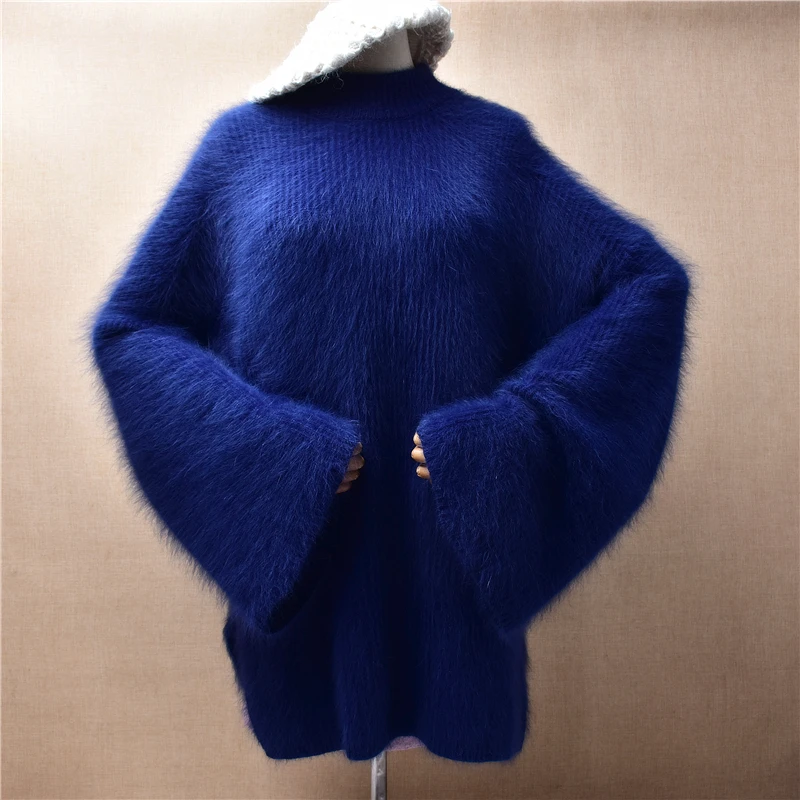 Female Women Fall Winter Thick Warm Mink Cashmere Knitted Long Flare Sleeves Turtleneck Loose Pullover Angora Fur Sweater Jumper