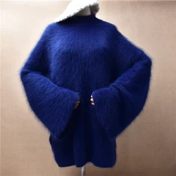 Female Women Fall Winter Thick Warm Mink Cashmere Knitted Long Flare Sleeves Turtleneck Loose Pullover Angora Fur Sweater Jumper