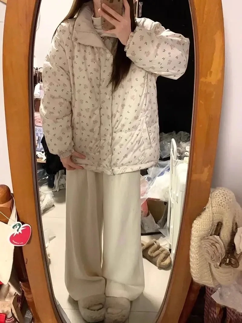 冬コート韓国ファッションパーカー甘い花柄プリントスタンドカラー暖かいジャケット女性ルーズパン服