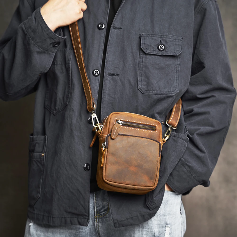 Genuine Leather Men's Shoulder Bag Vintage Style Small Satchel Large Capacity Waist Bag Mobile Phone Bag Crossbody Bag