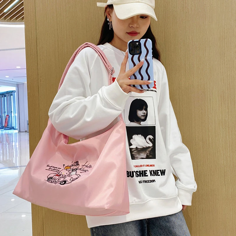 MINISO Cartoon Embroidery Nylon Shoulder Bag for Women Kuromi Cute Large Capacity Tote Bag Fashion Casual Female Handbag