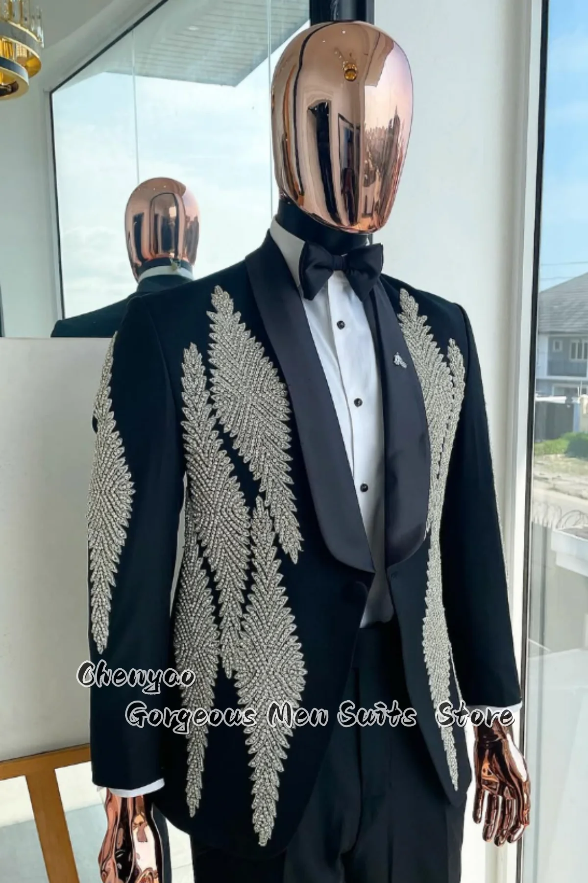 Luxury Hand Beaded Leaf Pattern Men Suits Tuxedo Blazer Satin Shawl Collar Slim Customized Prom Banquet Stage Suit Outfit