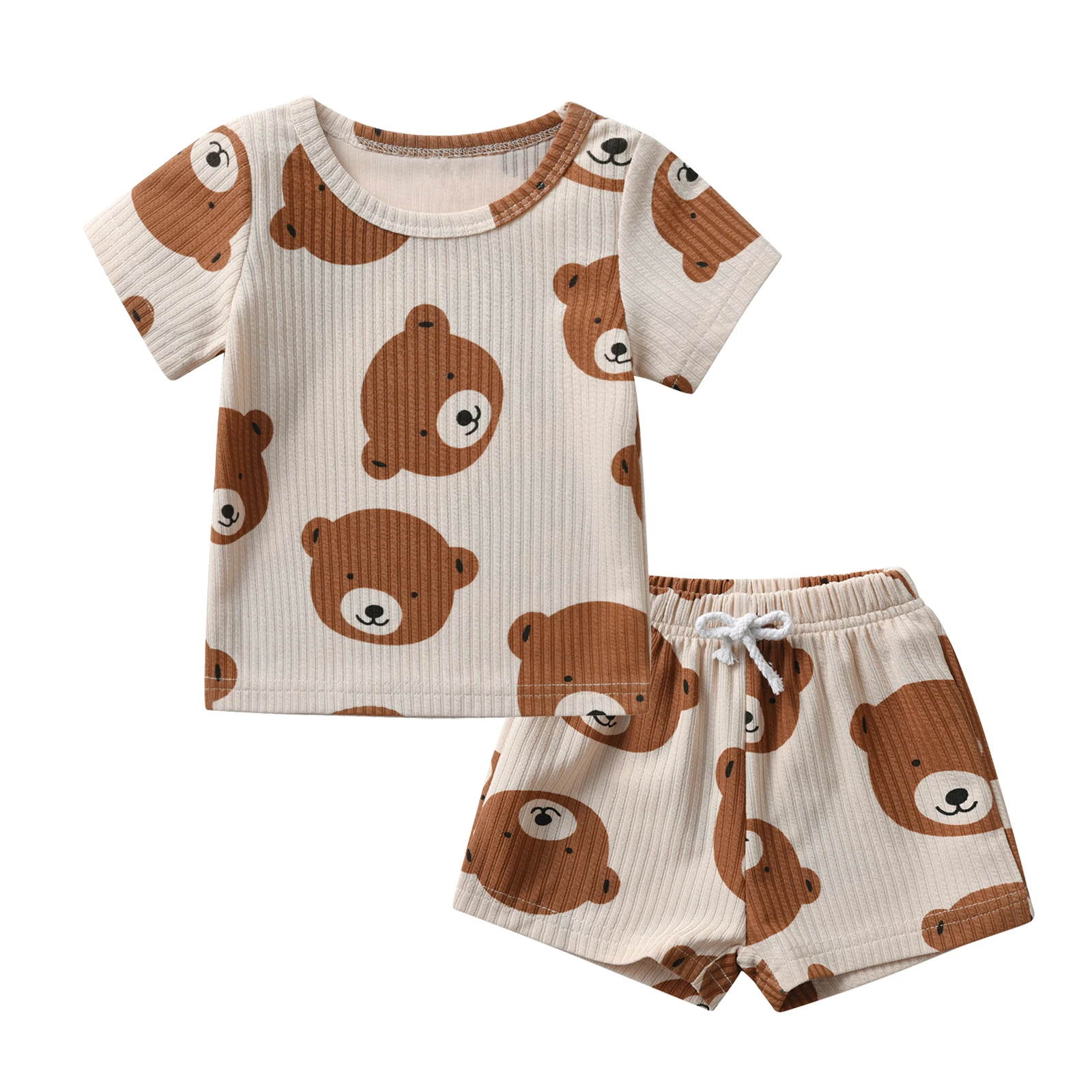 New Summer Toddler Baby Boys Girls Short Sleeve Clothes Set Cute Bears Printed Cotton T-shirt Top and Pants Outfit Set