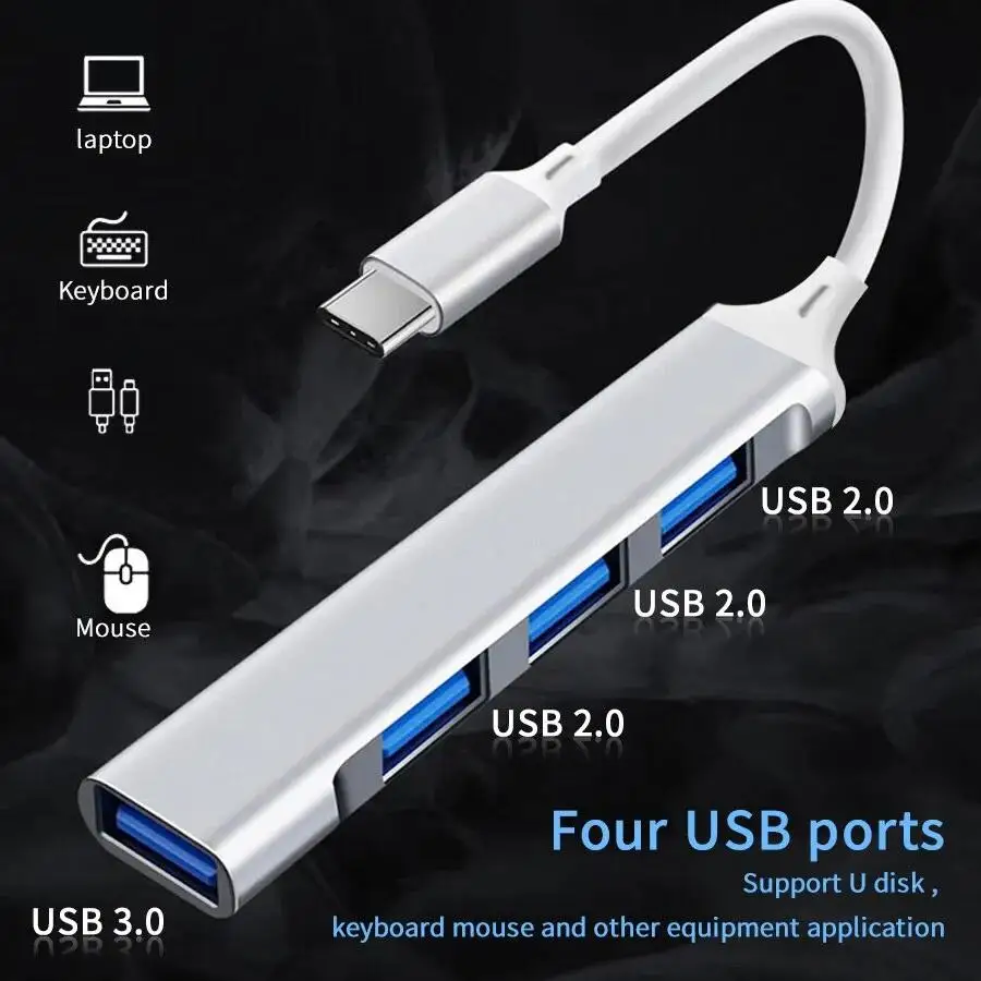 USB Tipo C Multi Portas Splitter, Adaptador OTG, iPhone, Samsung, Xiaomi, Macbook, Telefone, Acessórios para Laptop, 4 em 1, USB 3.0, OTG