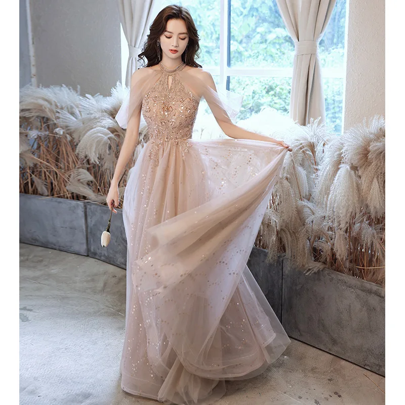 Elegant Halter Evening Dresses Women Champagne Sequin Tulle Floor-length Prom Gowns Temperament Bridesmaid Party Formal Dress