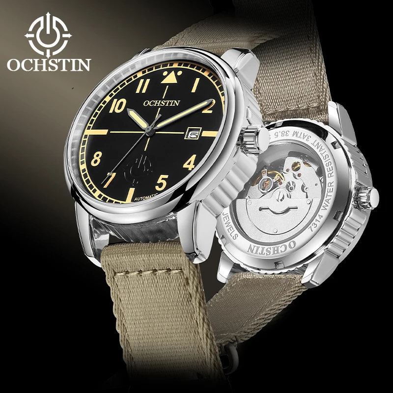 OCHSTIN Men Automatic Self-Winding Watch Man Thick Solid Case Nylon Strap Anti-Scratch Glass Waterproof Daily Commute Watches