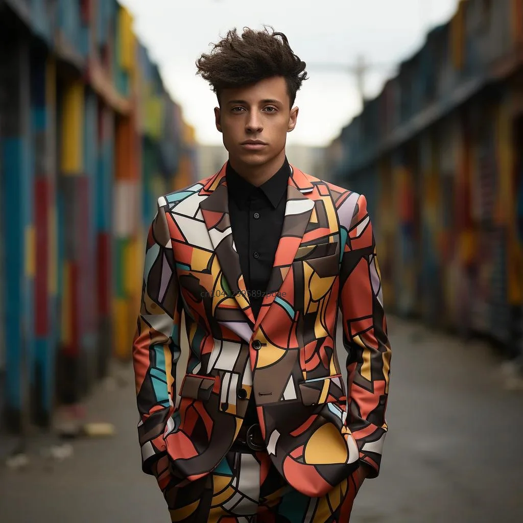 

Long-sleeved Casual Colour Blocking Slim Suit Men's 3D Digital Printing Suit Cosplay Party Stage Nightclub Cool Performance Suit